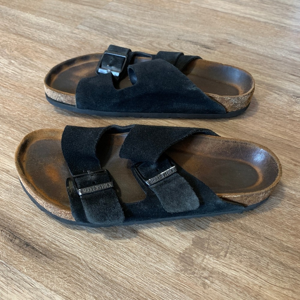 Birkenstock Arizona Suede Leather Sandals Black Two Strap Slides Mens 38 EU